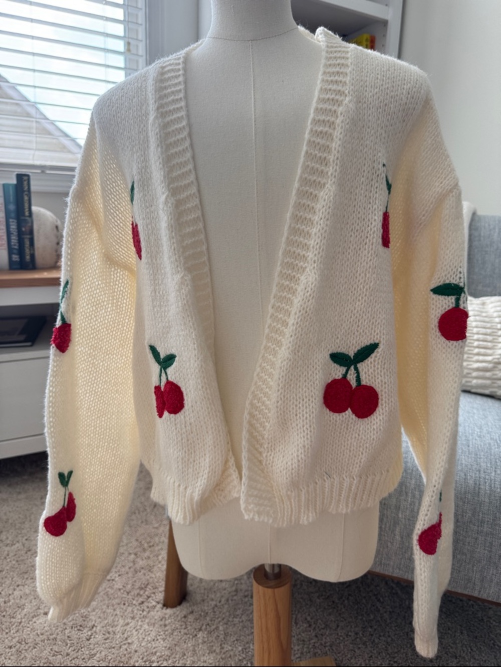 Cream Cherry Knit Cardigan Sweater - Picture 3 of 5